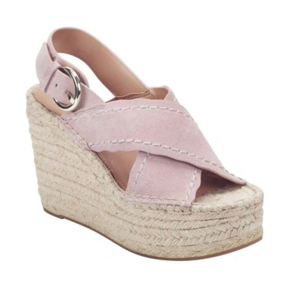 NEW Marc Fisher Aria Scalloped Sling Back Flat Wedge Sandal in Cipria Suede 9.5